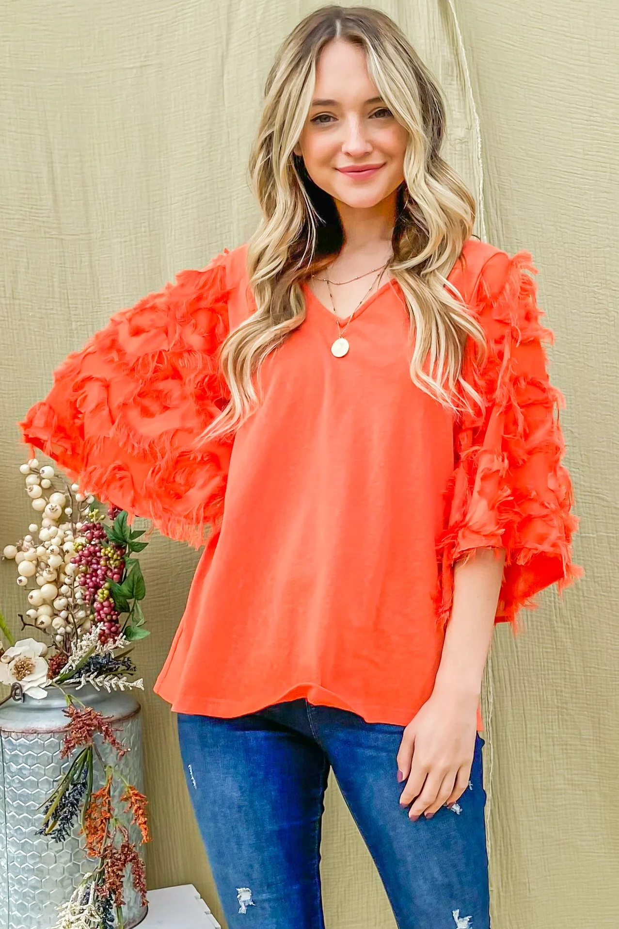 ATW Feather Detailed 3/4 Sleeve Slub Top - Image 3