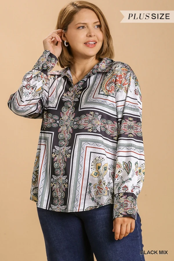 Umgee Satin Print Button Down Low Scoop Tunic - Image 6