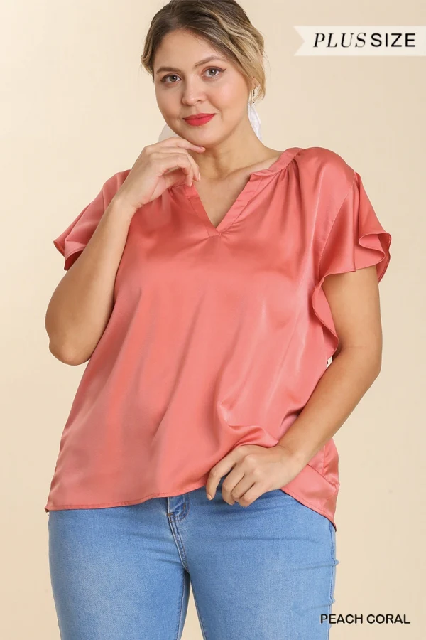 Umgee Satin V-Neck Short Ruffle Sleeve Top - Image 3